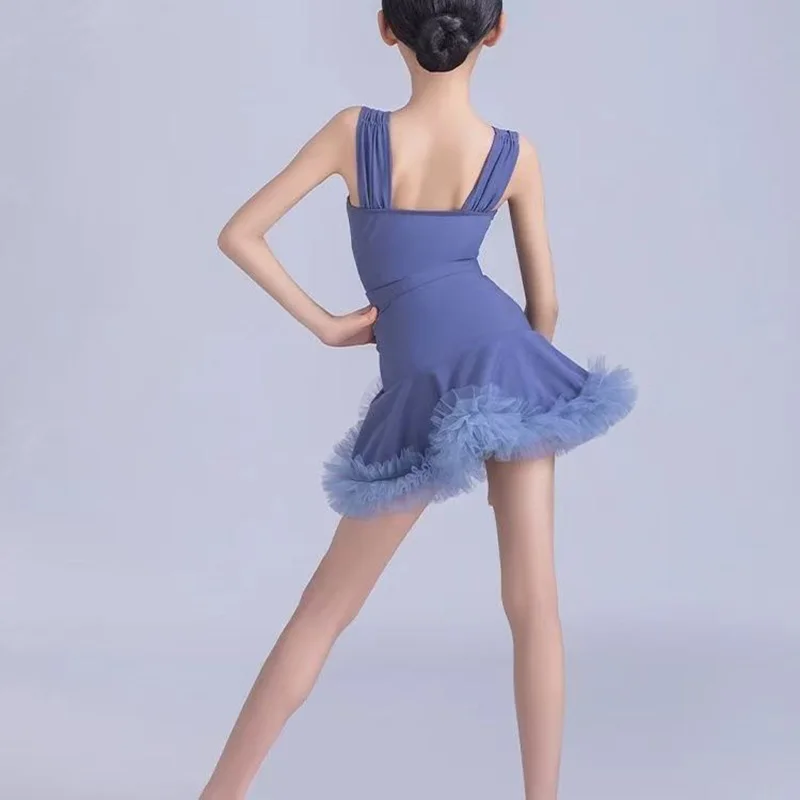 Crianças vestido de dança latina azul samba traje de dança latina para meninas cha cha prática roupas de dança conjunto saia para menina