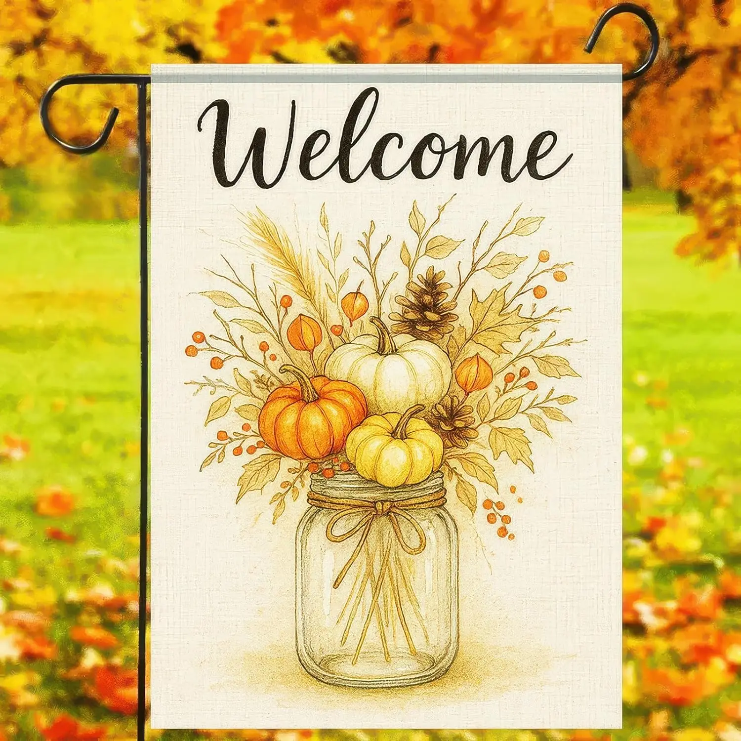 Thanksgiving Fall Garden Flag 12x18 Inch Welcome Pumpkin Mason Jar Flag Double Sided Outdoor Autumn Yard Banner Pinecones Be EEZ