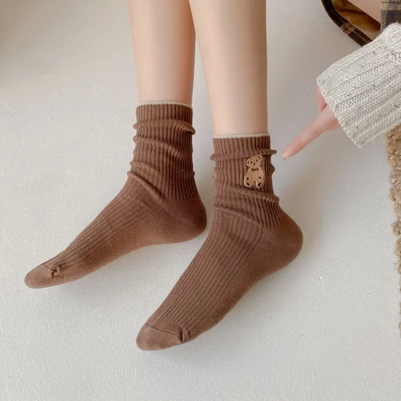 

Women'S Stockings Brown Bear Embroidery Long Tube Socks Solid Color Absorb Sweat Breathable Leisure Socks For Women Sweet Cute
