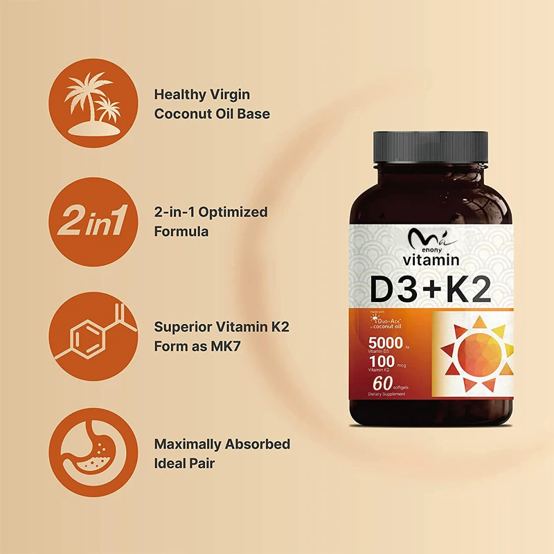 Vitamine D3 5000 K2 Bevat Vers Geperste Kokosolie, 60 Zachte Capsules, 100mcg 2-In-1 Non Gmo, Glutenvrij