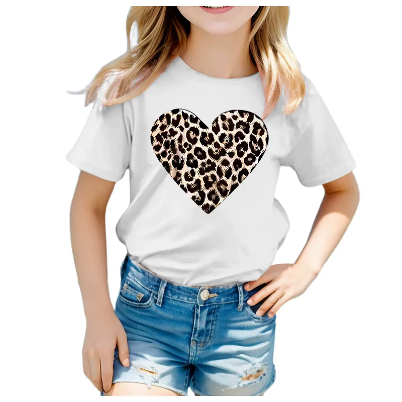 

Футболка с круглым вырезом и короткими рукавами для девочек, леопардовый принт, принт в виде сердца, модальная ткань, повседневный детский топ разных размеров, модальная ткань