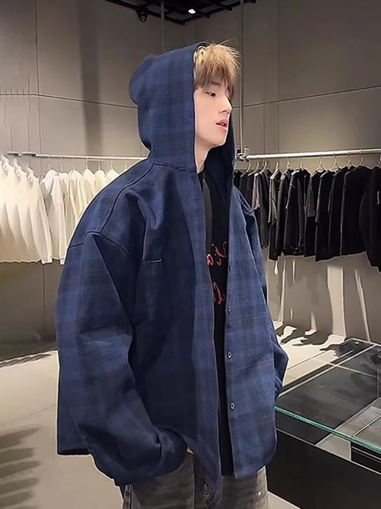 

Синяя клетчатая мужская рубашка с длинным рукавом S23, куртка с капюшоном на флисовой подкладке, корейский стиль Cleanfit, износостойкая молодежная модная рубашка