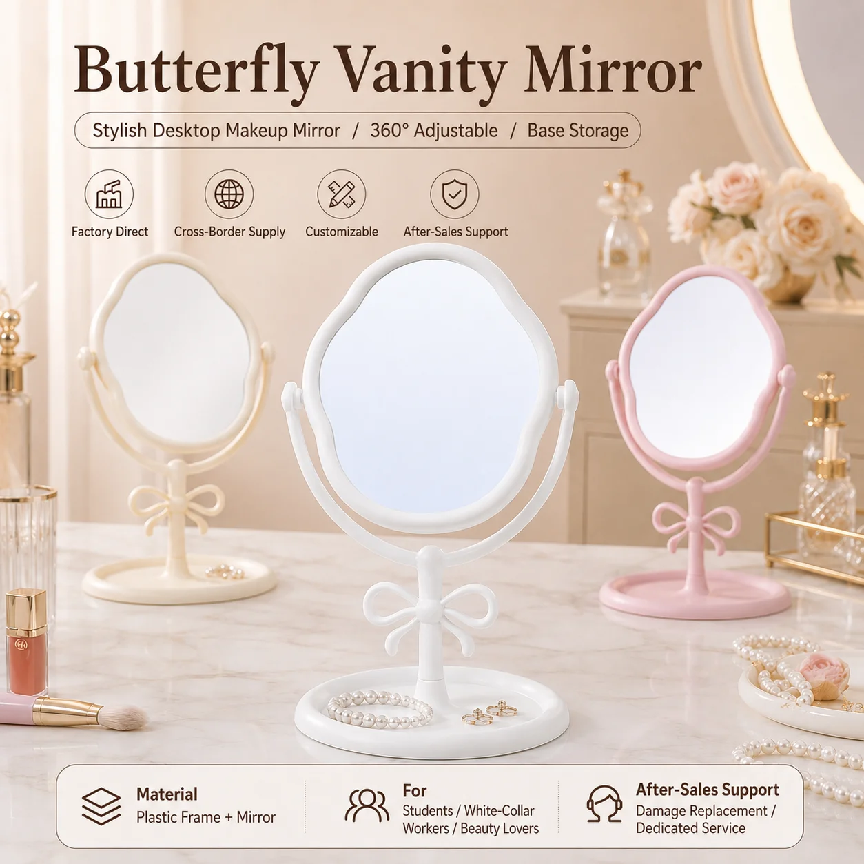 Plastic Frame Makeup Mirror Tabletop Bow Knot Makeup Mirror Rotating Makeup Mirror Modern Minimalist For Office Desk Student