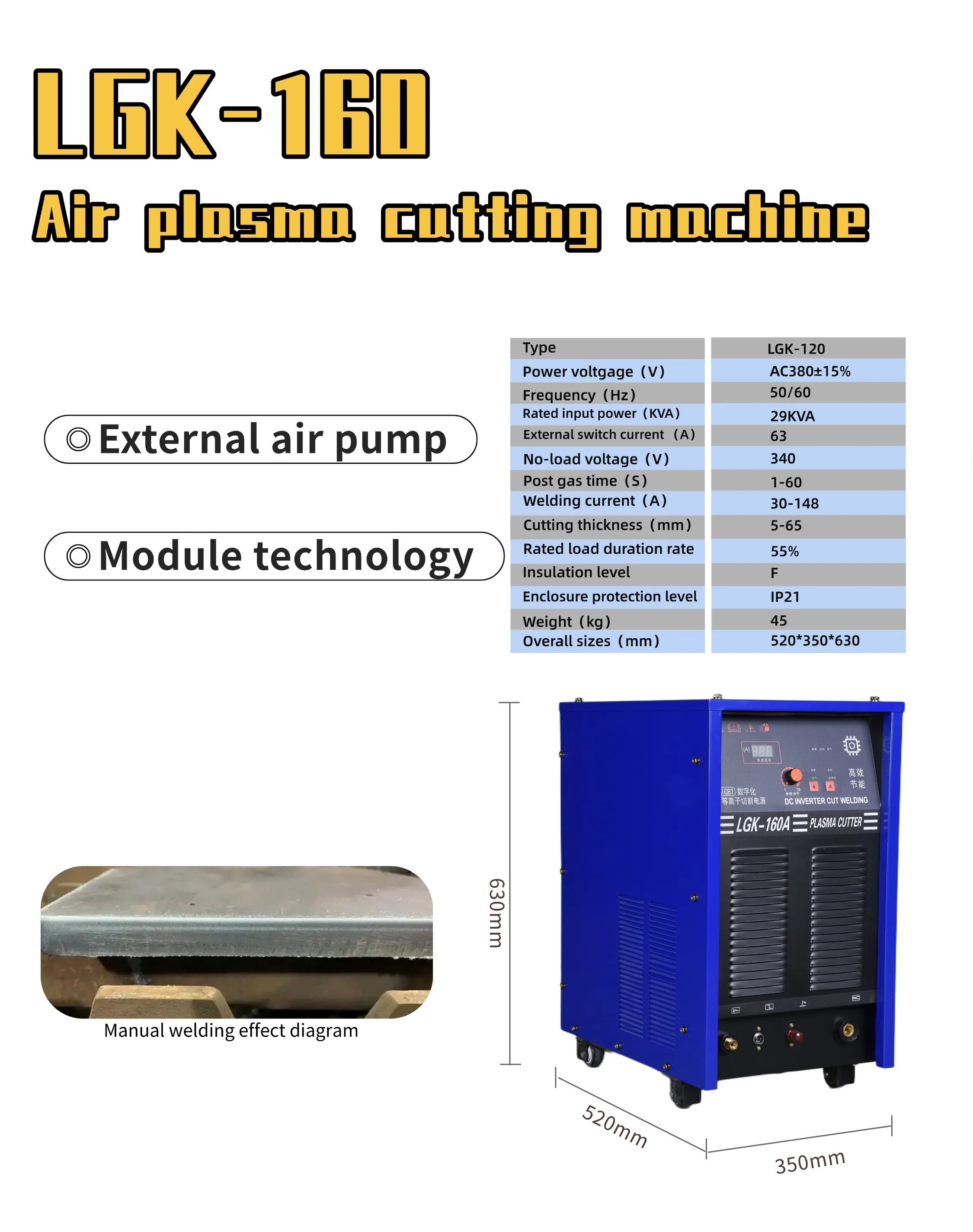 Flexible Portable Air Plasma Cutting Machine LGK-160 External air Pump Module Technology Cutting Welding Machine