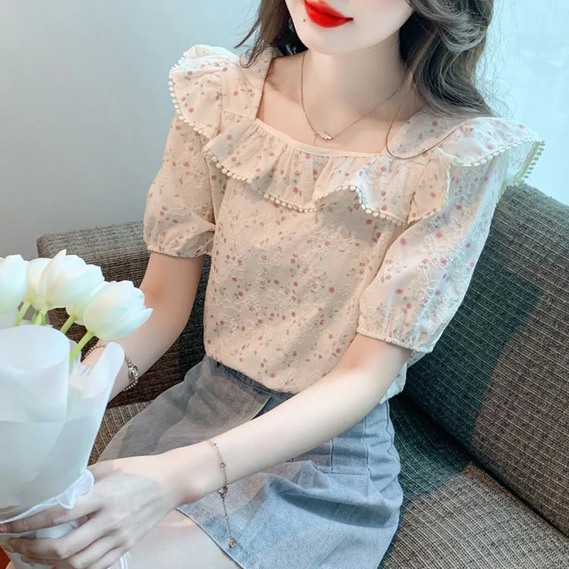 Sweet Square Collar Ruffles Printed Puff Sleeve Blouses Female Clothing 2024 Summer New Loose All-match Tops Chic Chiffon Shirts