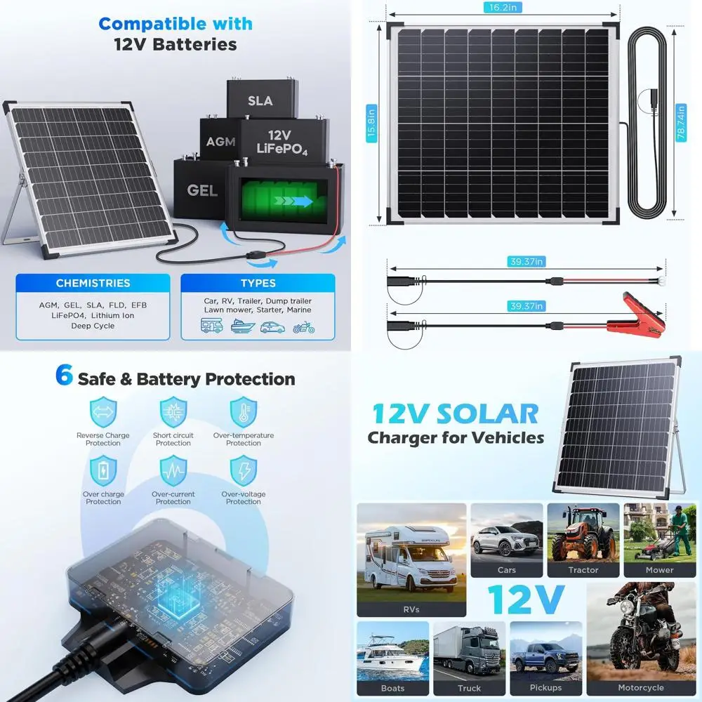 

60W 12V Trickle Charger, 2x 30W 12V/24V Battery with Smart Controller, IP68 Waterproof Solar Panel Kit for Car, Boat, Lawn Mower
