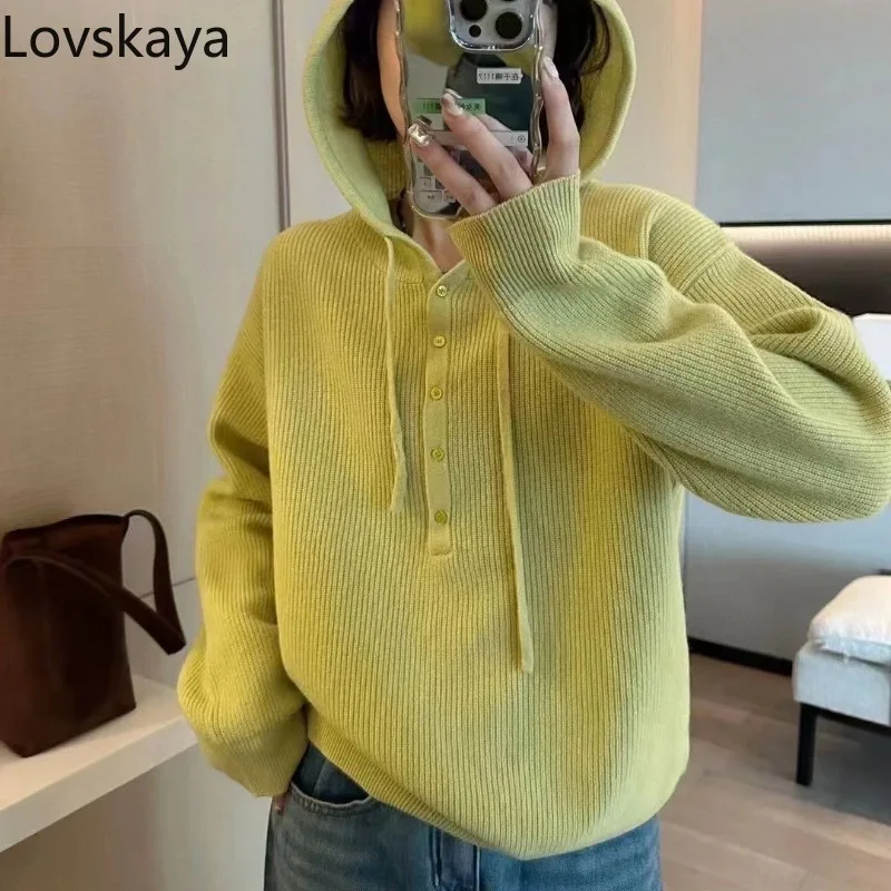 New Soft and Lazy Style Long sleeved Style Pullover Sweater with Korean Hooded Drawstring Loose Knitted Shirt for Women