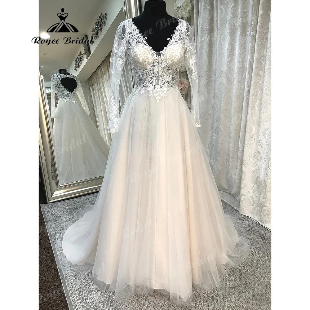 Brautkleid-corpiño de encaje de manga larga con cuello en V, vestido de novia bohemio de playa con espalda abierta, bata de boda Sexy, 2023