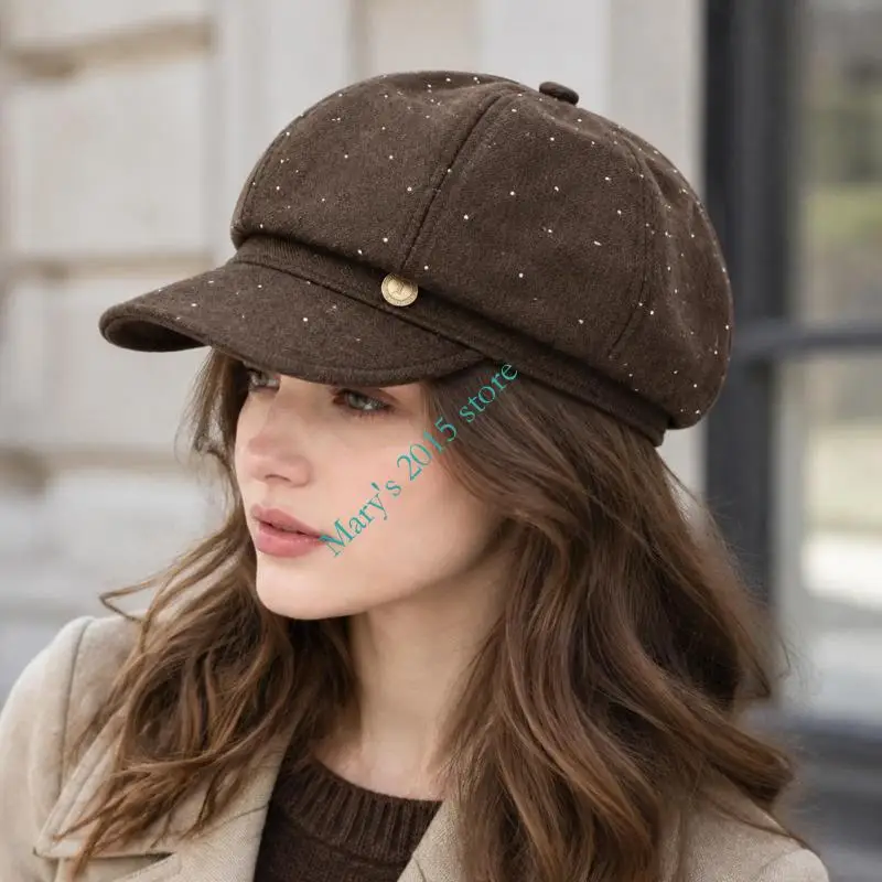 Women Decorative Rhinestones Baker Boy Cap Painter's Hat with Structured Eight-Panel Top and Adjustable Elastic Back for Lady
