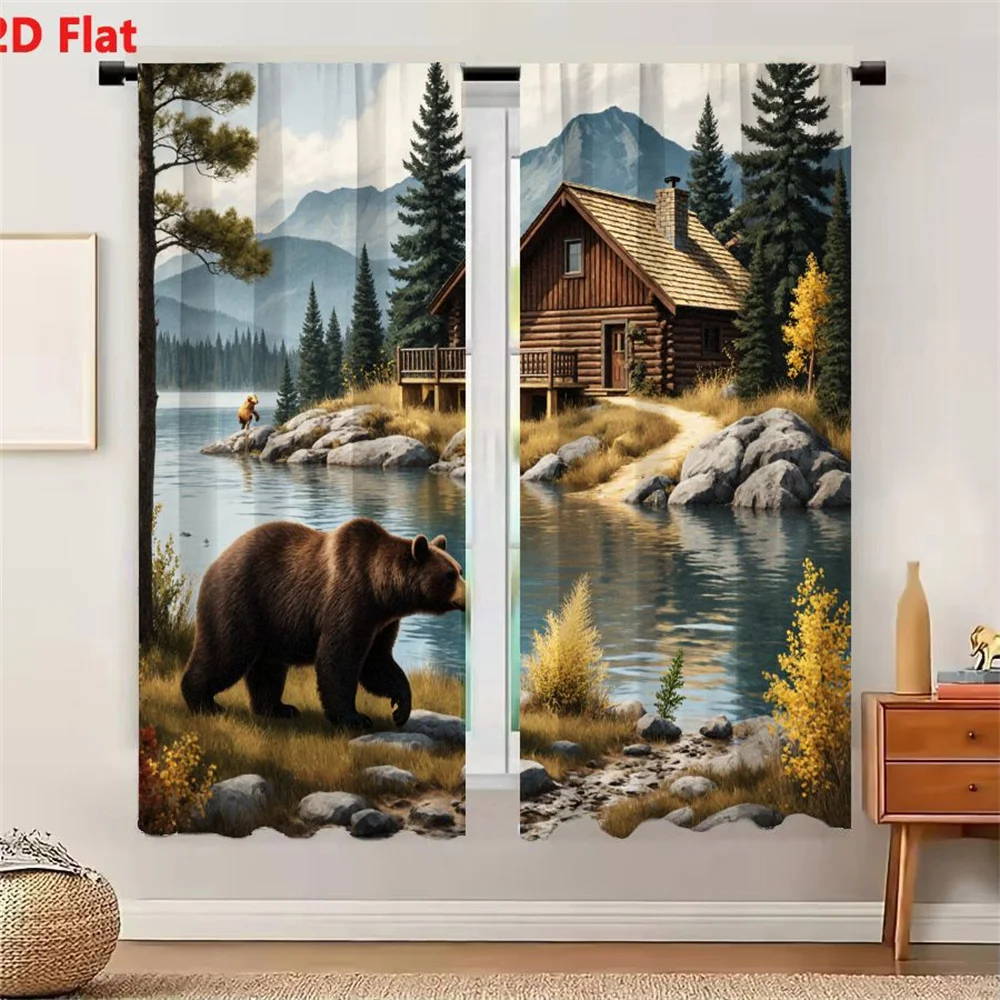 2Pcs Curtains 2D Flat Autumn Log Cabin By Rocky Lake With Bear And Mountainous Wilderness Scene Window Drapes for Bedroom Room D