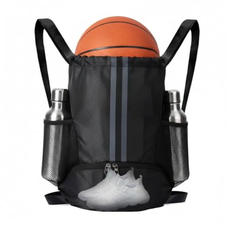 Sports Drawstring Backpack with Shoes Compartment, String Gym Bag with Wet Proof Pocket for Basketball, Soccer, Swim, Sport Bag