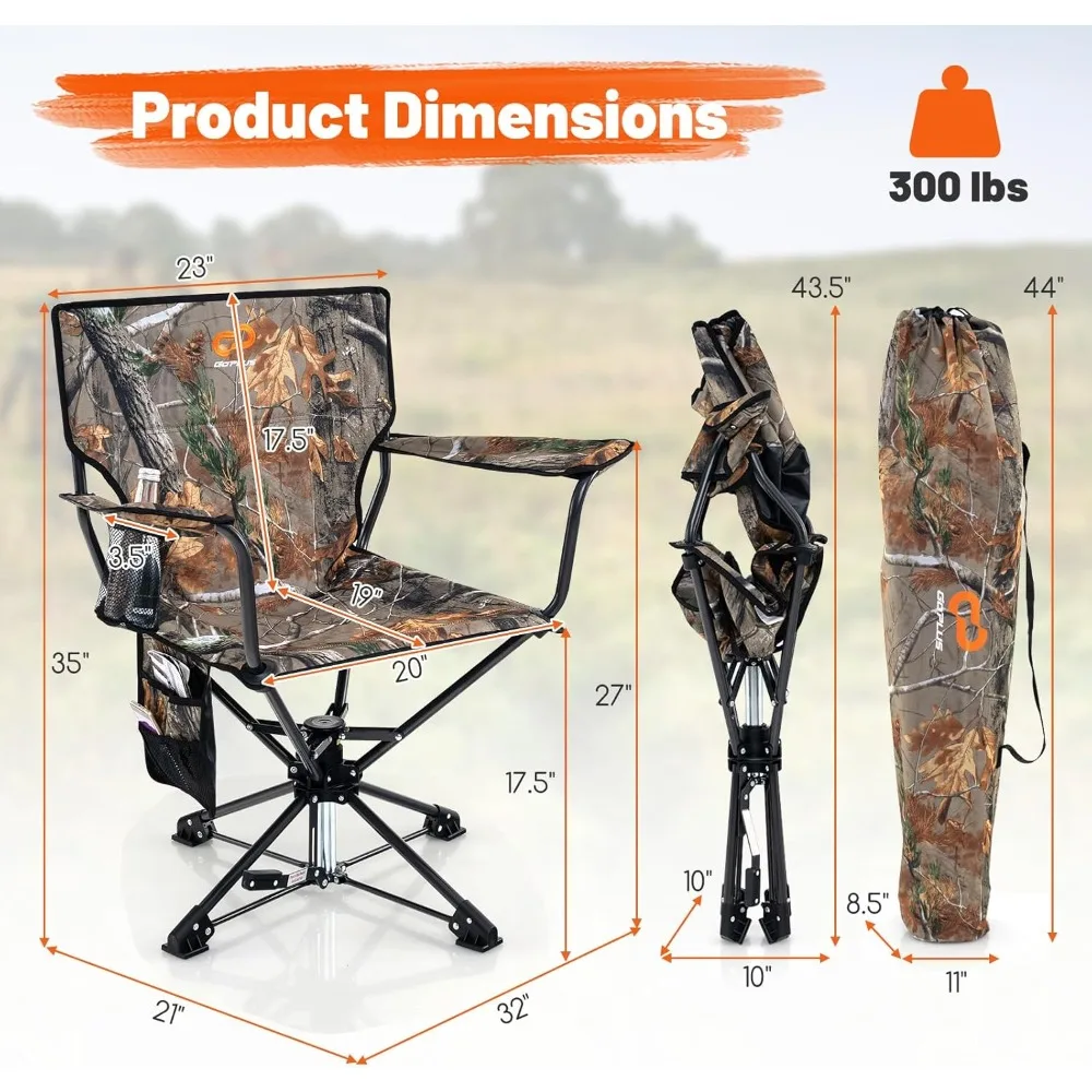Swivel Camping Chair, Potable Hunting Chair for Adults w/Cup Holder & Carrying Bag, Folding 360-degree Free Rotation Lawn Chair