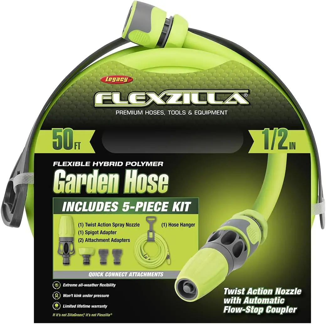 Garden Hose Kit with Quick Connect Attachments, 1/2 in. x 50 ft., Heavy Duty, Lightweight, ZillaGreen