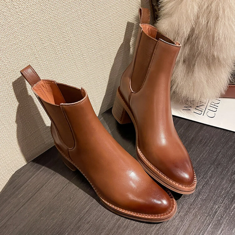 2024 Genuine Leather Women Chelsea Boots Chunky Heel Short Boots Slip On Elastic Woman Ankle Boots 2024 Autumn New Ladies Shoes