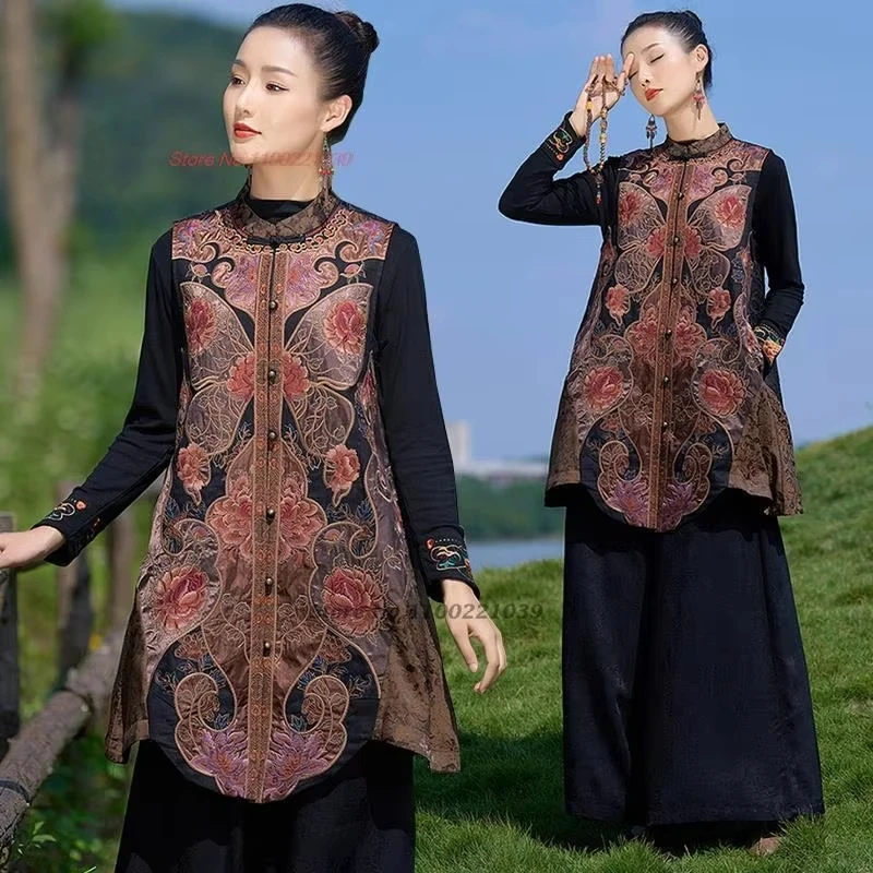 

2025 chinese vintage hanfu tops traditional satin jacquard vest national flower embroidery stand collar vest sleeveless jacket