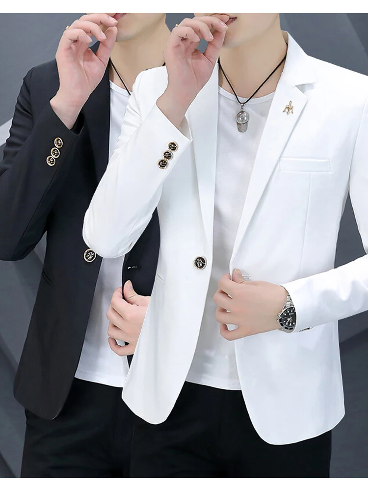 

Spring Autumn New Sle Men's Casual Pure White Suit Jaet Trendy Single Piece Top Polyester Fiber Stand Fit Youth Faion