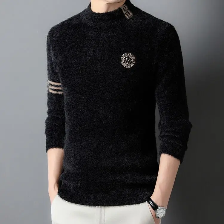 New semi-turtleneck sweater men's autumn and winter thickened knitted sweater fluffy bottoming shirt thermal top