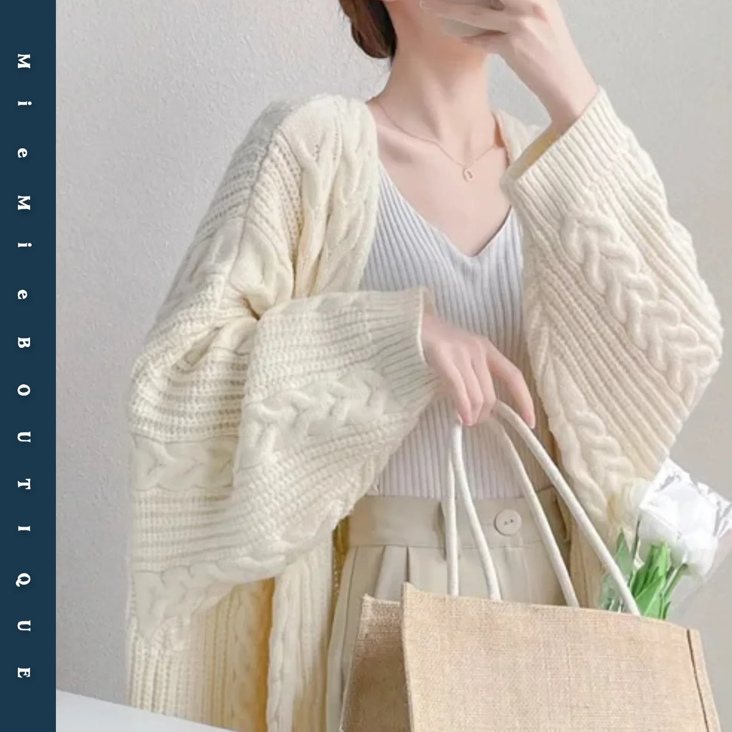 Thiened Long Knitted Cardigan Soft Classic Twist Ele Sle Women's Sweater Coat Sweet Sle Straight Tube Long Sve