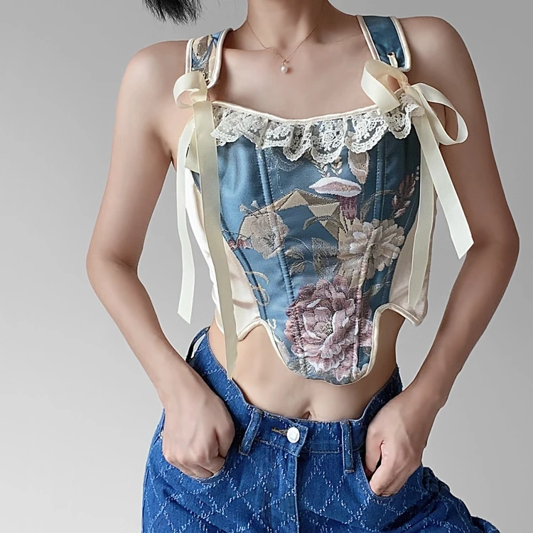 

French Women Corset Top Waist Shape Vintage Peony Floral Bustier Slimming Girdle Adjustable Lace Up Tied Corselet Vest