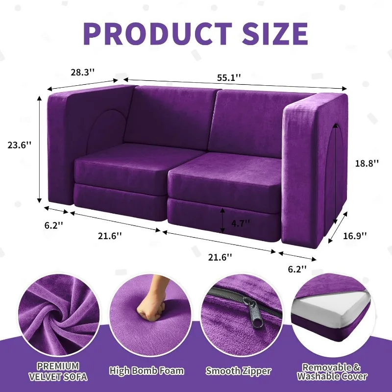 10PCS Purple Modular Play Couch for Playroom Bedroom 10 in 1 Multi-functional Sofa for Playing Creativing Sleeping Toddler Couch