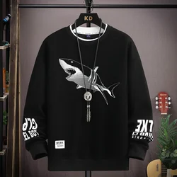 Autumn Men's Sweatshirt Hoodies Shark Printed Long Sleeve T-shirt Fashion Men's Clothing Black O Neck Harajuku Top 2024 New