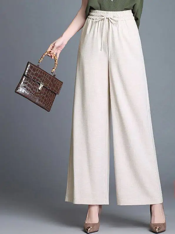 

Summer Thin Wide Leg Pants Women's Loose High Waist Elastic Waist Cotton Linen Loose Fit Casual Straight Leg Trousers