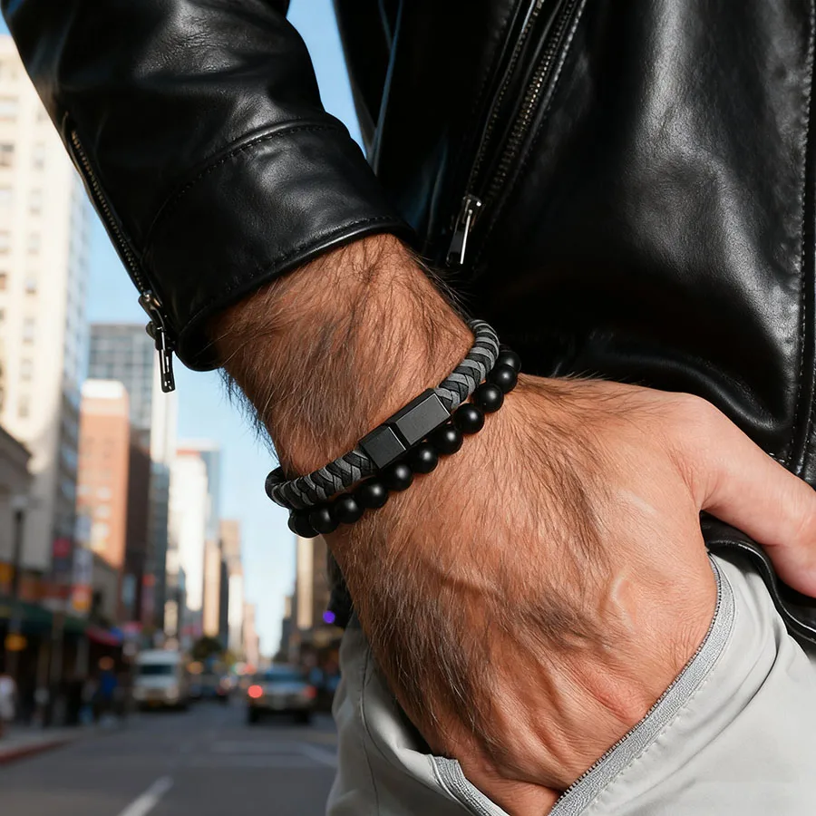 

Модный кожаный браслет из 2 шт./компл., мужские аксессуары для одежды, магнитная застежка 8 мм, браслет из оникса, велосипедный браслет Homme, ручные украшения
