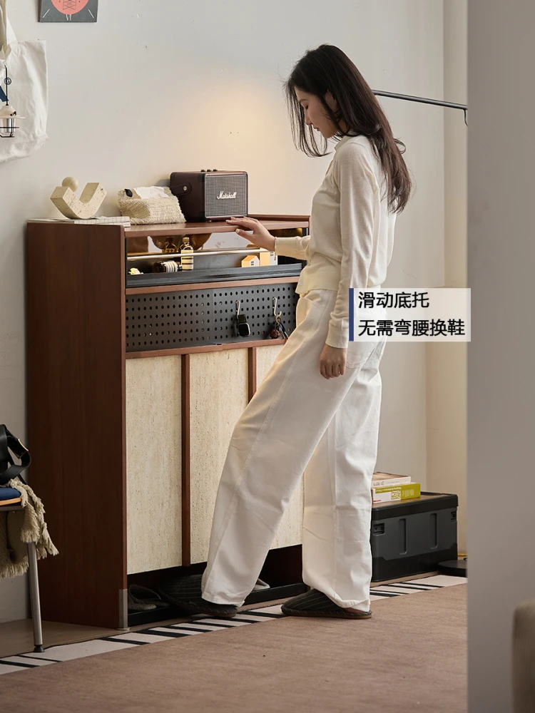Retro solid wood shoe cabinet designer mid-ancient style entrance entrance cabinet small apartment narrow locker storage Bauhaus
