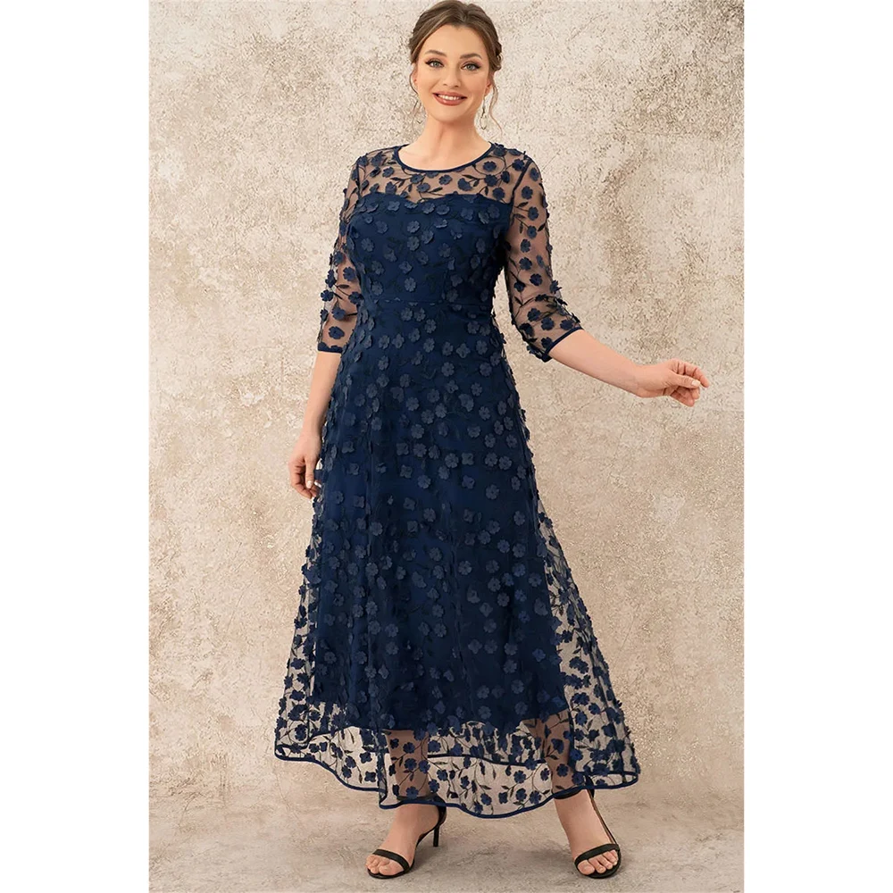 Plus Size Mother Of The Bride Navy Blue Mesh Stereo Flowers Tunic Maxi Dress Round Neck Long Dress