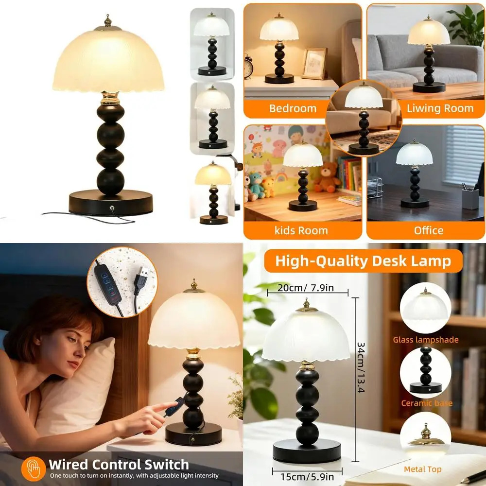 

Vintage Glass Shade Mushroom Table Lamp, 3-Color Adjustable, European Style, Bedside or Desk Light with Line Switch for Home and