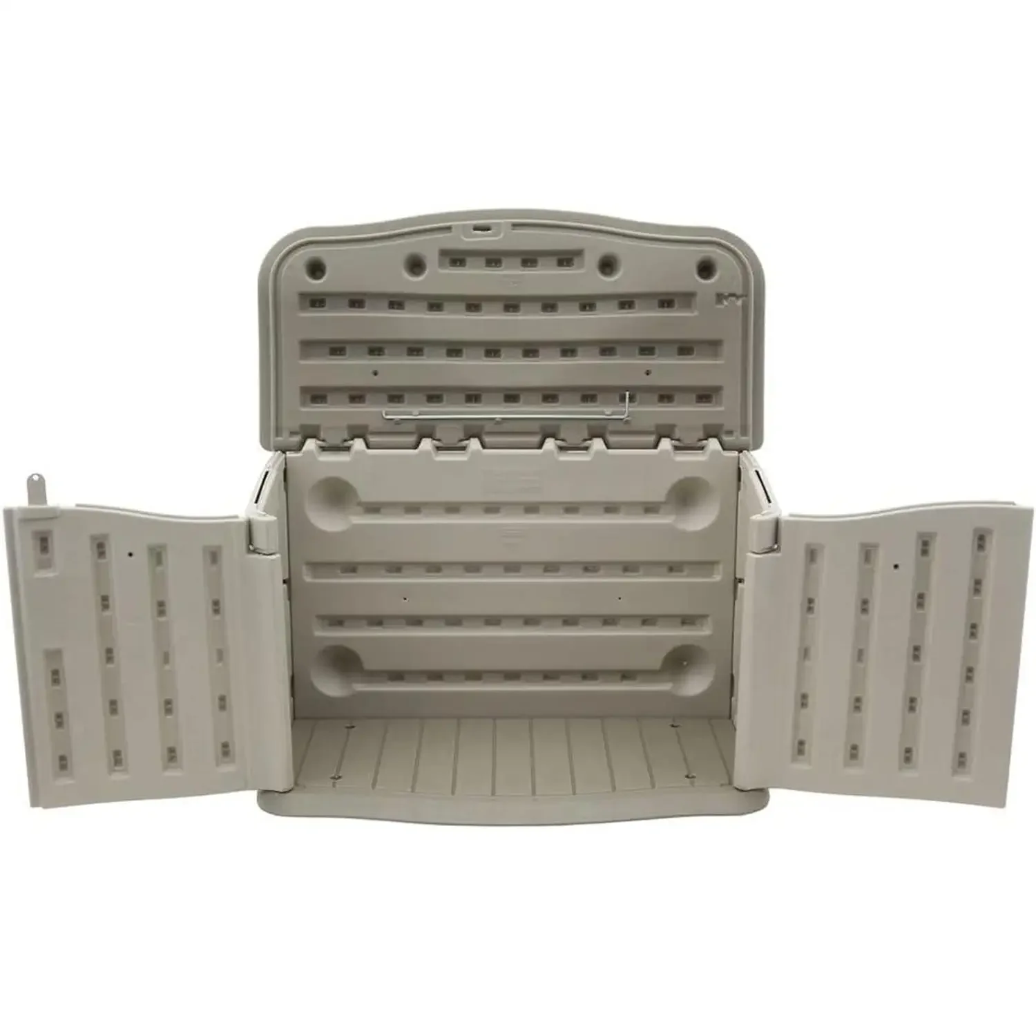 โรงเก็บของเรซิ่นขนาดเล็กแบบแนวนอนสำหรับกลางแจ้ง พร้อมพื้น ทนทานต่อสภาพอากาศ สีเบจ/น้ำตาล สำหรับจัดเก็บของใช้ในบ้าน/สวนหลังบ้าน/สระว่ายน้ำ