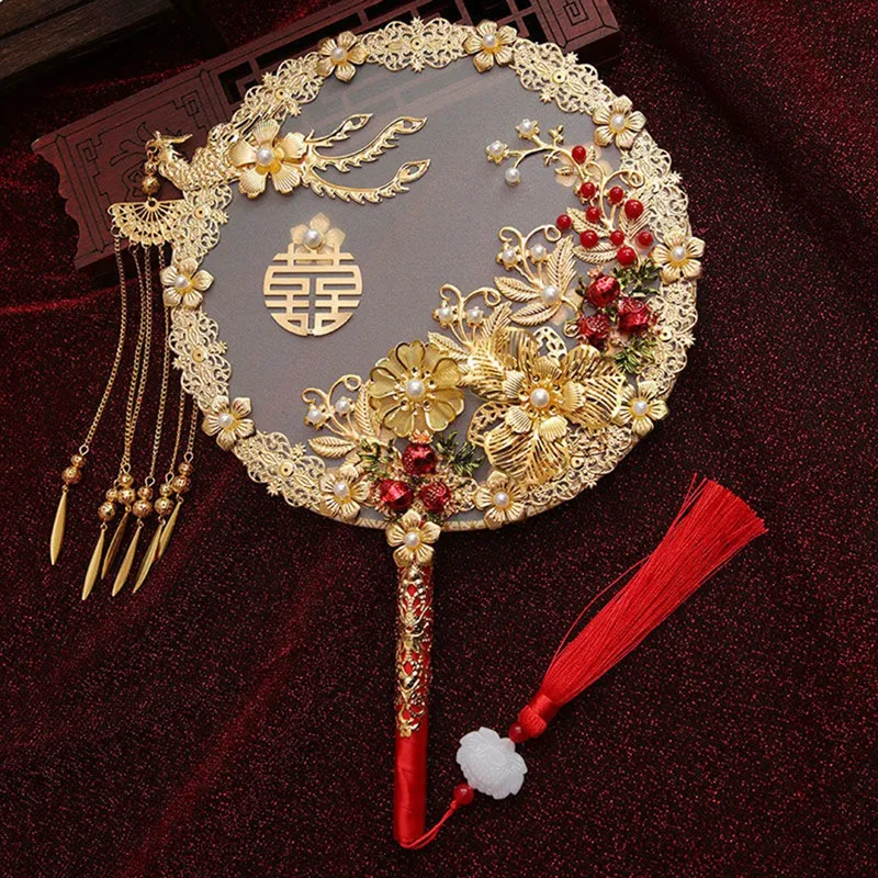 Chinese Vintage Round Fans, Phoenix Shaped Alloy Fan, Gold Flower Hand Holding Fan With Tassel, Wedding Bride Group Fan Durable