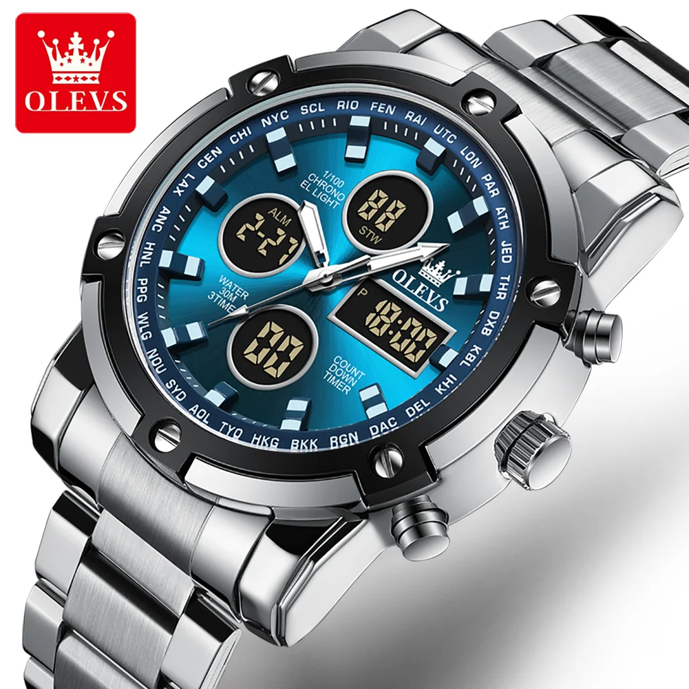Men's Watches OLEVS Brand Stainless Steel Waterproof Original Quartz Wristwatch LED Display Trend Fashion Sports Man Watch 1106