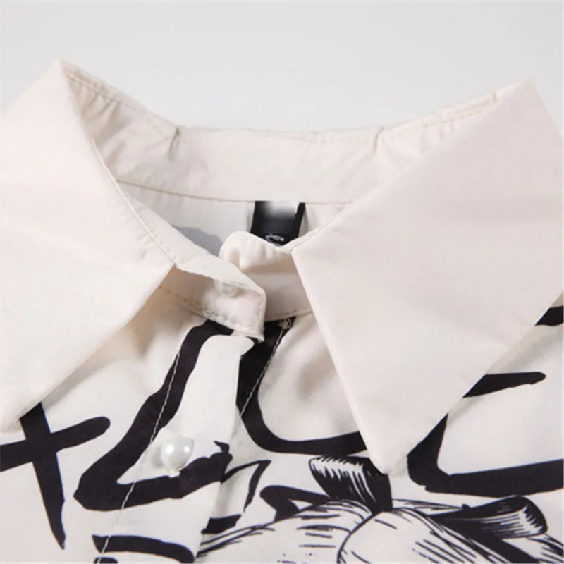 Cartoon Print Shirt Women Single Breasted Lapel Long Sleeve White Chiffon Shirts Asymmetrical Loose Womens Tops And Blouses