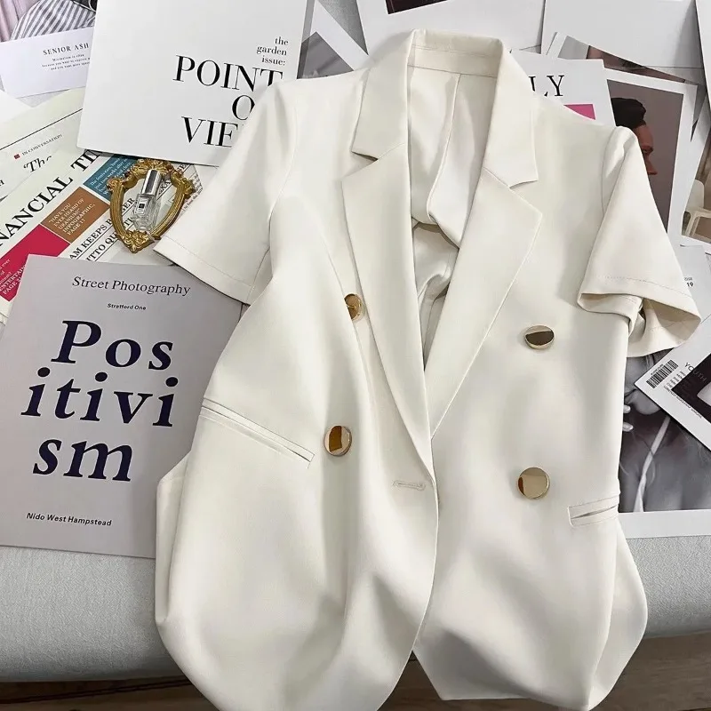 Chaqueta de traje blanca con espalda descubierta para mujer, abrigo de manga corta para dama de oficina, moda coreana, diseñador, alta calidad, forrado, verano, nuevo