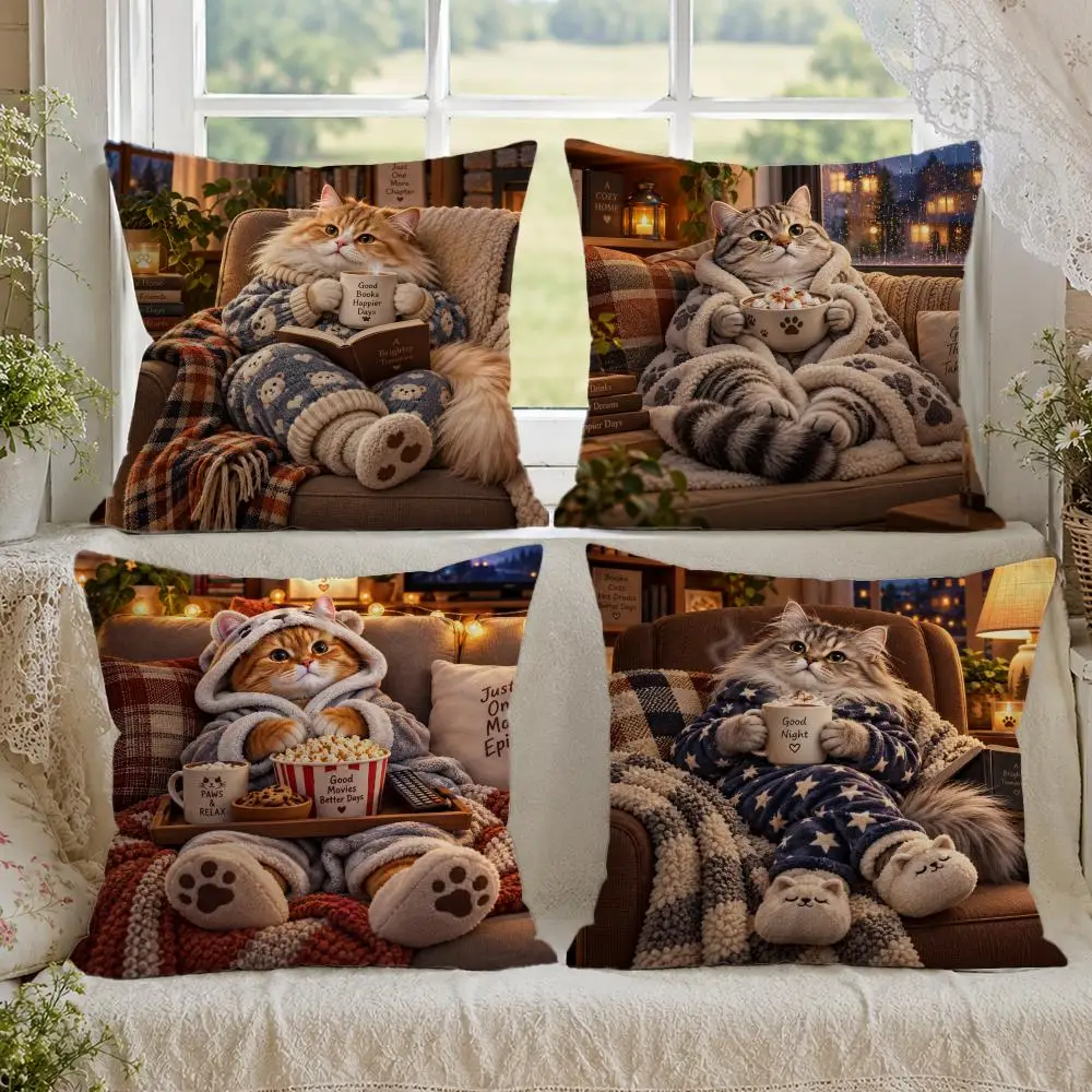 Cute Cats Lazy Holiday Night Cushion Cover 1/4PCS Linen Sofa Couch Bedroom Living Room Home Decor Pillow Case