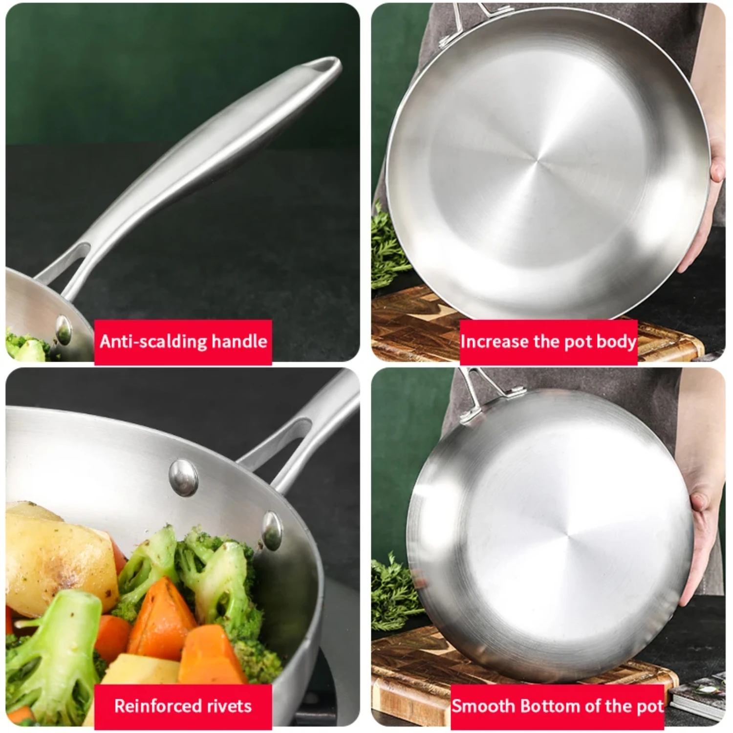 Frying Pan,Stainless Steel Frying Pot 28/30cm Uncoated Household Wok Suitable for Induction and Gas Hobs,Heat-Resistant Handle