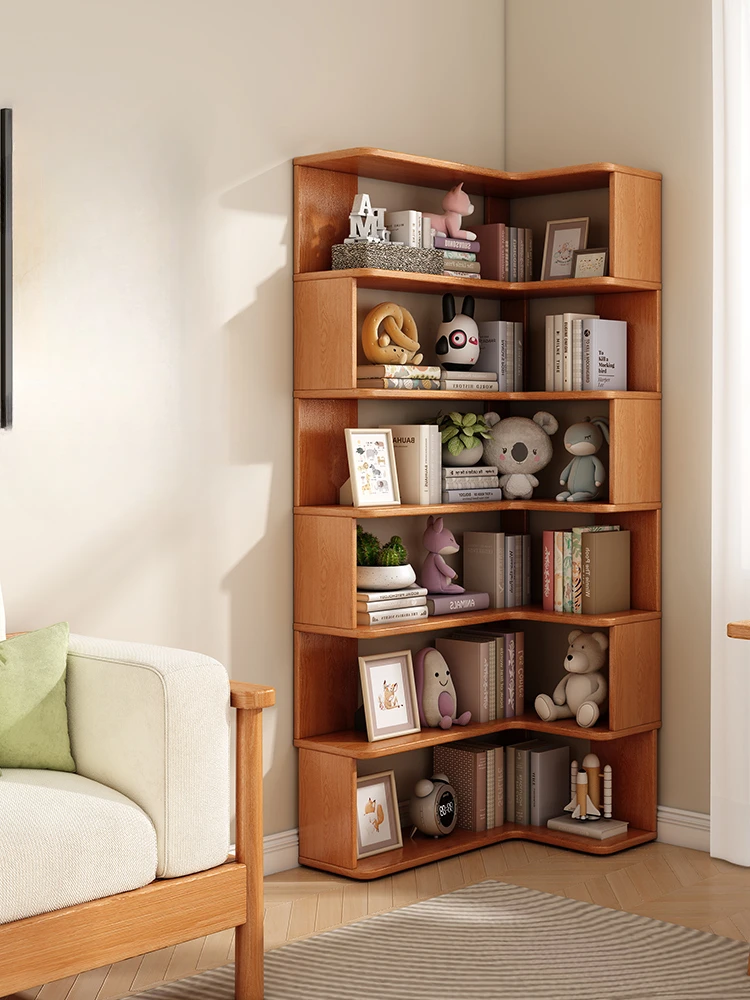 

All solid wood against the wall, floor-to-ceiling shelves, multi-storey household corner bookcases, living room corner cabinets