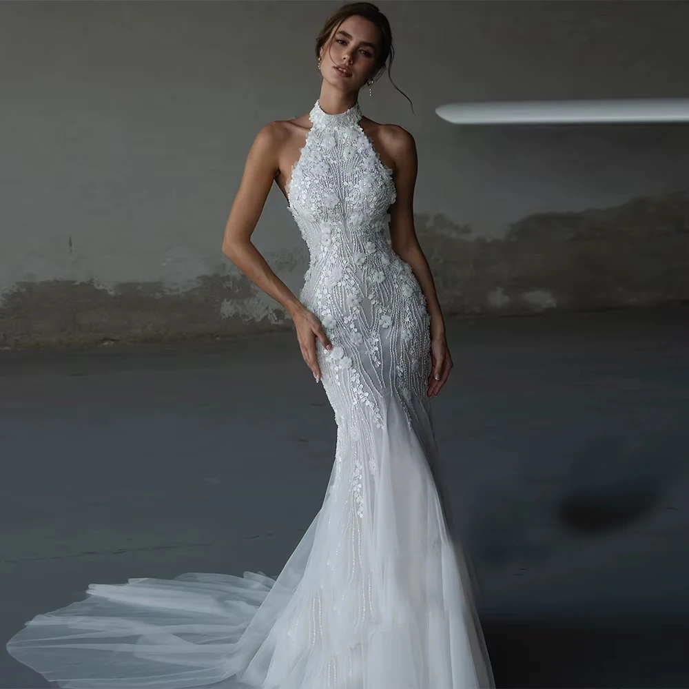 Maßgeschneiderte modische Meerjungfrau-Brautkleider für die Braut, Hochzeit, Neckholder, ärmellos, Applikationen, Vestidos, bodenlanges Brautkleid