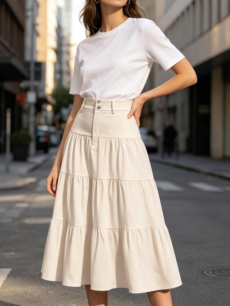 Women's Solid‑Color High‑Waist Midi Skirt Double‑Button Zipper‑Fly Tiered Ruffle A‑Line Elegant Casual Daily Vacation Long Skirt