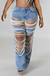 Frauen plus Größe Perlen Jeans lässig Vintage Ausschnitt hohe Taille y2k Streetwear Perlen Jeans Jeans Taschen schlanke Jeans hose