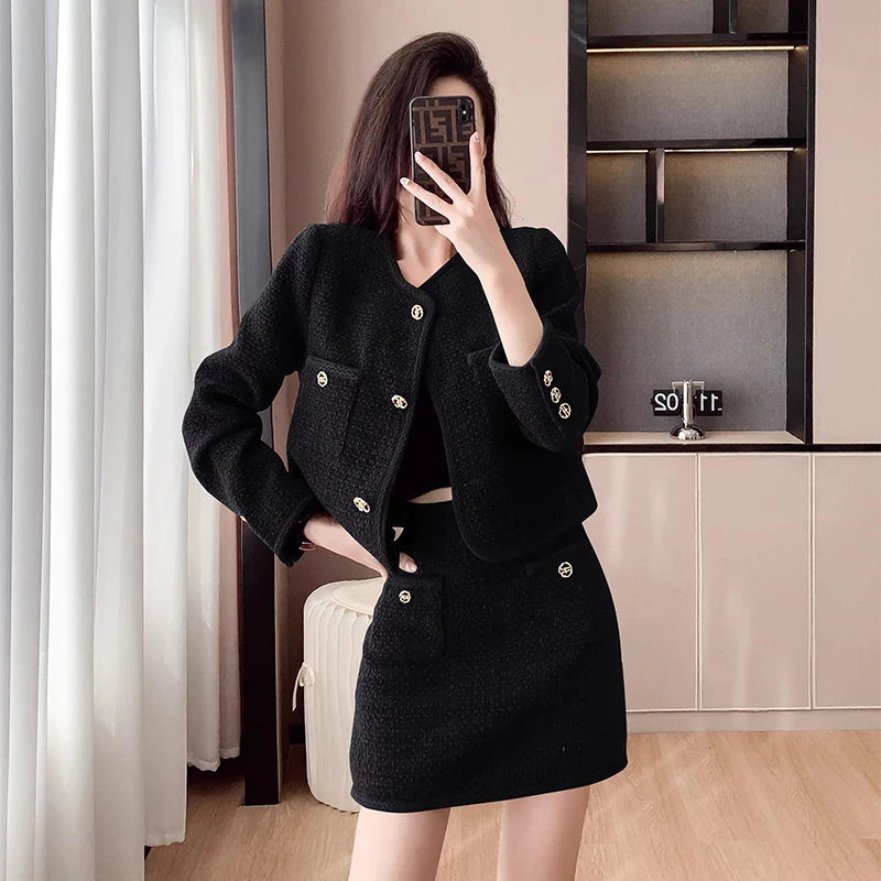 New Autumn Winter Suit Women\'s Elegant Tweed Fashion Edge Metal Button Short Coat High Waist Skirt Two-piece Set Female Clothes