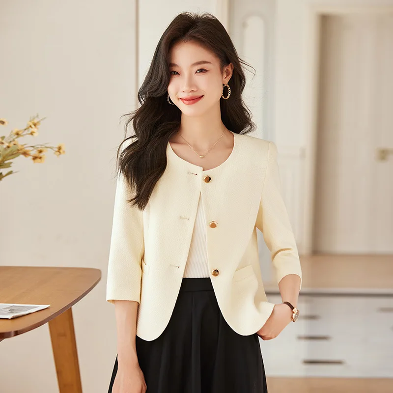 2024New Sky Blue round Neck Suit Jacket for Women Short Spring and Autumn Small Western Style Socialite Top