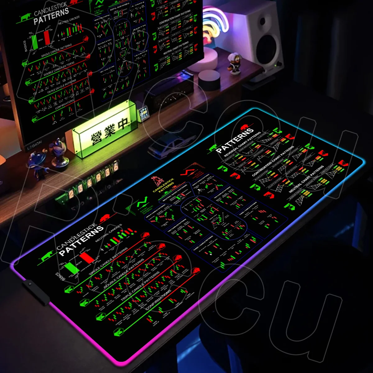 RGB Mousepad Stock Market Deskmat Large Trader Chart Candlestick Pattern Glowing Keyboard Mice Pad Stitched Edge Rubber Base Rug