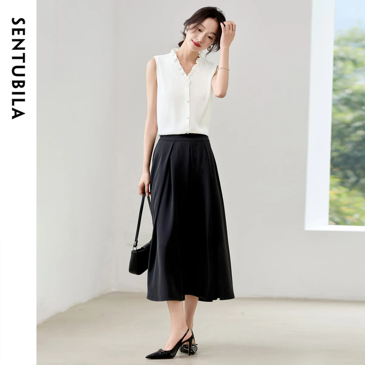 

SENTUBILA Summer Sleeveless Women Shirt 2025 Straight Ruffles V Neck Single Breasted Simple Basic Chiffon Solid Blouse 152CC1703