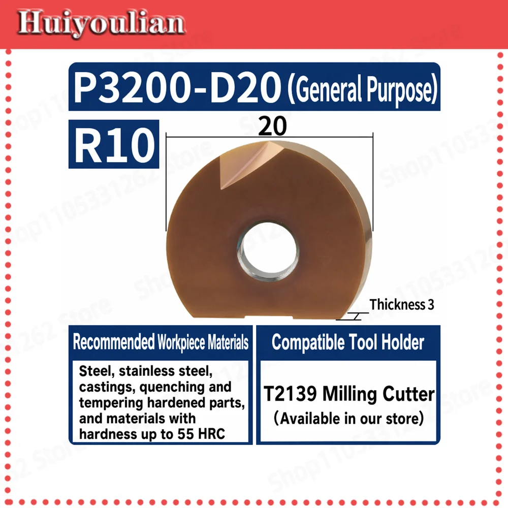 P3200-D20 Carbide Ball Nose Insert R10 General Fine Milling for Steel Stainless Cast Iron Hardened HRC55