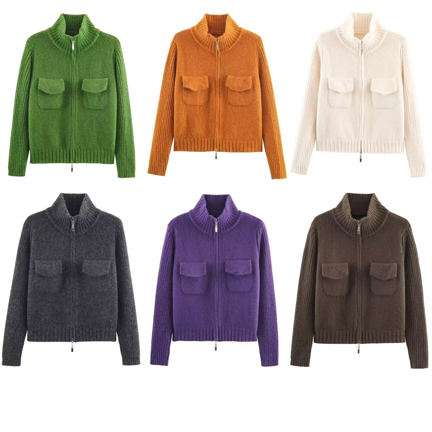 

European and American style high collar double zipper jacket for autumn and winter wear soft and waxy new knitted cardigan