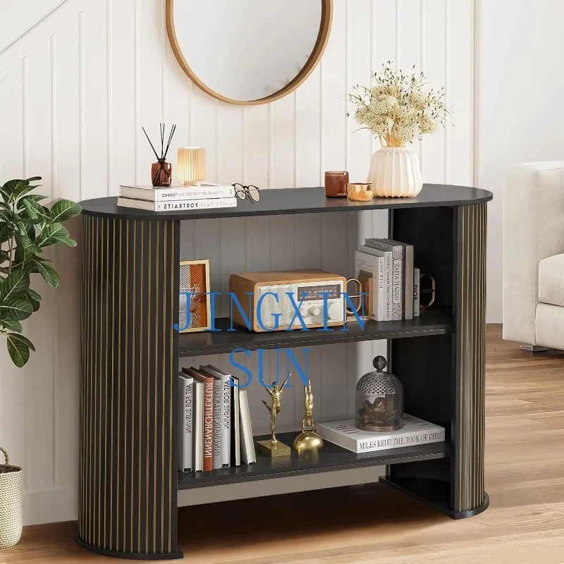 modern three-story open storage wooden accent console table narrow sofa table with grooved entryway for living room foyer or