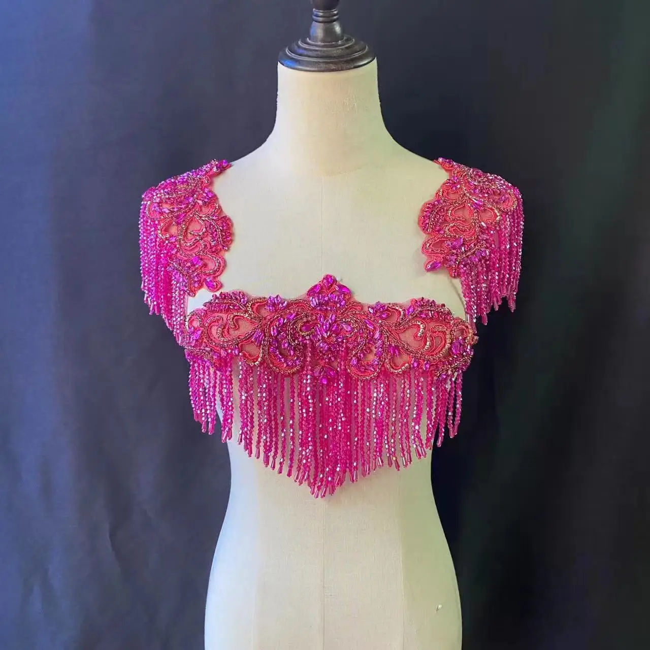 

Hot Pink Fringe Rhinestone Diamond Applique Crystal Bead Chain Patch for Wedding Dress,Cape Necklace Sash,Full Body Jewelry