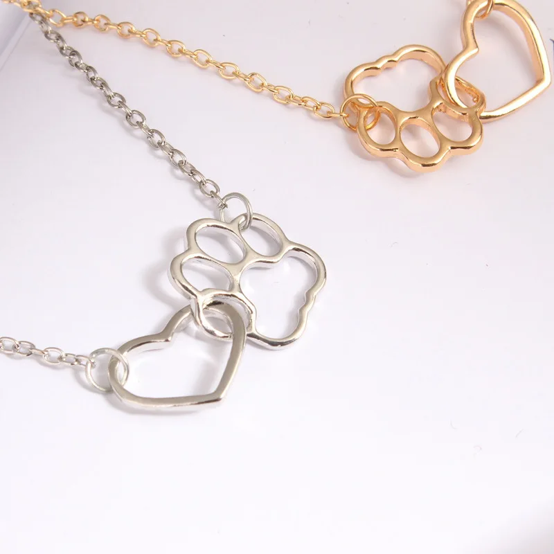 GIRL\'S Ornament CAT\'S Paw Necklace Animal Foot Peach Heart Pendant Hollow Out Necklace Women\'s Jewelry